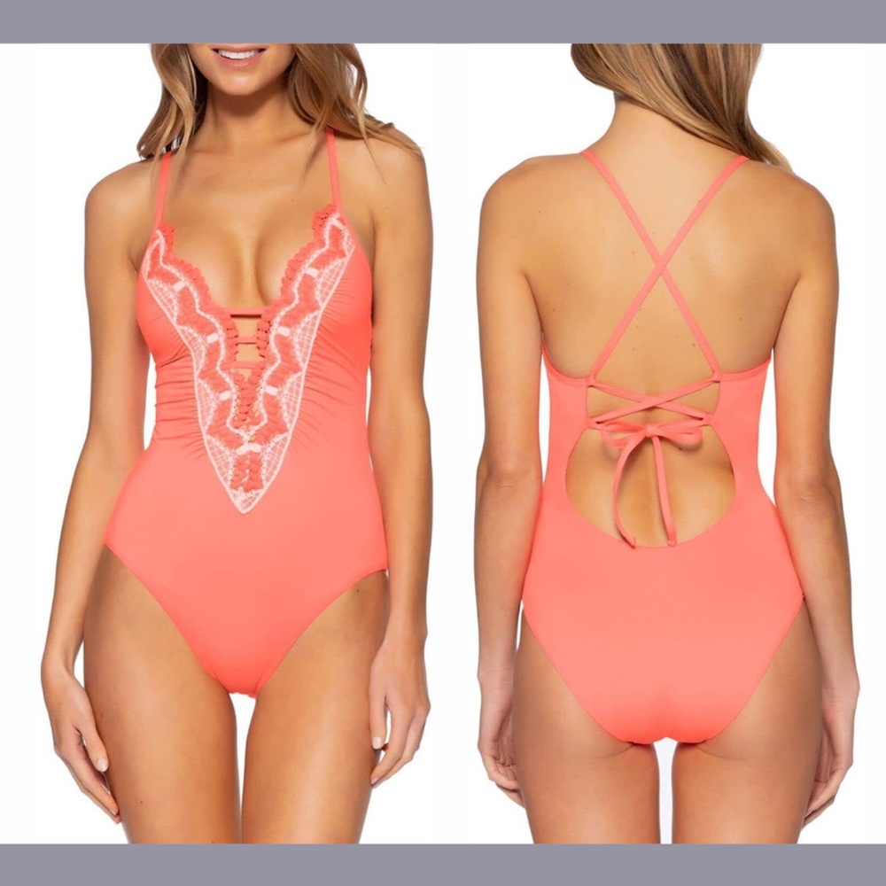 NEW BECCA [ Small ] Delilah Plunge One Piece Swimsuit In Coral‎ Crush